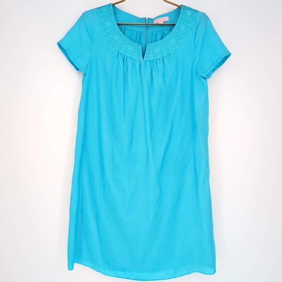 Lilly Pulitzer Blue Kathleen Silk Short Sleeved Lined Shift Mini Dress - Size S - Picture 2 of 11